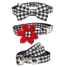 Load image into Gallery viewer, Valentine's Day Plaid Dog Collar, Leash and Bow Tie Set with Red Flower