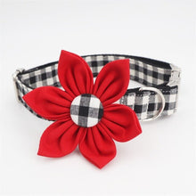 Load image into Gallery viewer, Valentine's Day Plaid Dog Collar, Leash and Bow Tie Set with Red Flower