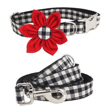 Load image into Gallery viewer, Valentine's Day Plaid Dog Collar, Leash and Bow Tie Set with Red Flower