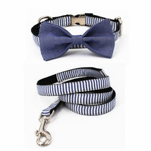 Load image into Gallery viewer, Blue Striped Dog Collar, Leash, and Bow Tie Set