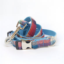 Load image into Gallery viewer, Colourful Blue Plaid Dog Collar, Leash and Bow Tie Set
