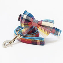 Load image into Gallery viewer, Colourful Blue Plaid Dog Collar, Leash and Bow Tie Set