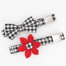 Load image into Gallery viewer, Valentine&#39;s Day Plaid Dog Collar, Leash and Bow Tie Set with Red Flower
