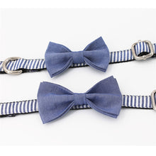 Load image into Gallery viewer, Blue Striped Dog Collar, Leash, and Bow Tie Set
