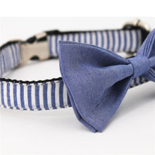 Load image into Gallery viewer, Blue Striped Dog Collar, Leash, and Bow Tie Set
