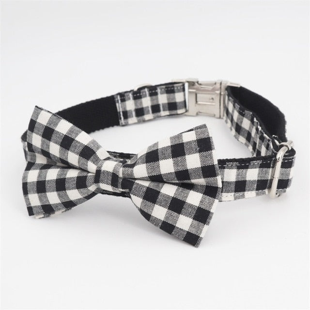 Valentine's Day Plaid Dog Collar, Leash and Bow Tie Set with Red Flower