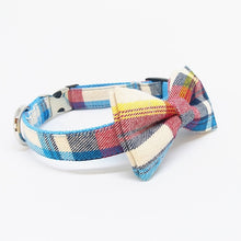 Load image into Gallery viewer, Colourful Blue Plaid Dog Collar, Leash and Bow Tie Set
