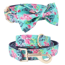 Load image into Gallery viewer, Blue Flower Dog Collar, Leash and Bow Tie Set

