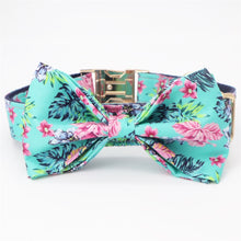 Load image into Gallery viewer, Blue Flower Dog Collar, Leash and Bow Tie Set
