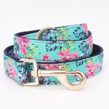 Load image into Gallery viewer, Blue Flower Dog Collar, Leash and Bow Tie Set
