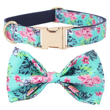 Load image into Gallery viewer, Blue Flower Dog Collar, Leash and Bow Tie Set
