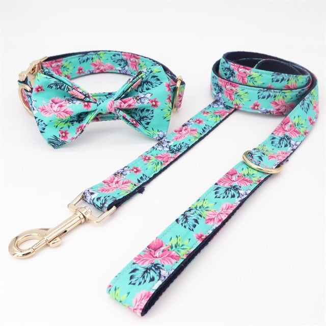 Blue Flower Dog Collar, Leash and Bow Tie Set