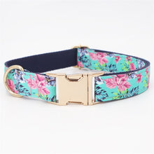 Load image into Gallery viewer, Blue Flower Dog Collar, Leash and Bow Tie Set
