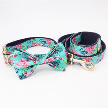 Load image into Gallery viewer, Blue Flower Dog Collar, Leash and Bow Tie Set
