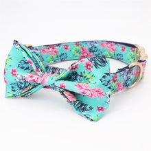 Load image into Gallery viewer, Blue Flower Dog Collar, Leash and Bow Tie Set
