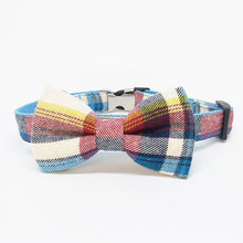 Load image into Gallery viewer, Colourful Blue Plaid Dog Collar, Leash and Bow Tie Set
