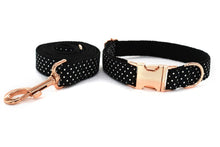 Load image into Gallery viewer, Black Polka Dot Dog Collar, Leash and Bow Tie Set
