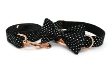 Load image into Gallery viewer, Black Polka Dot Dog Collar, Leash and Bow Tie Set
